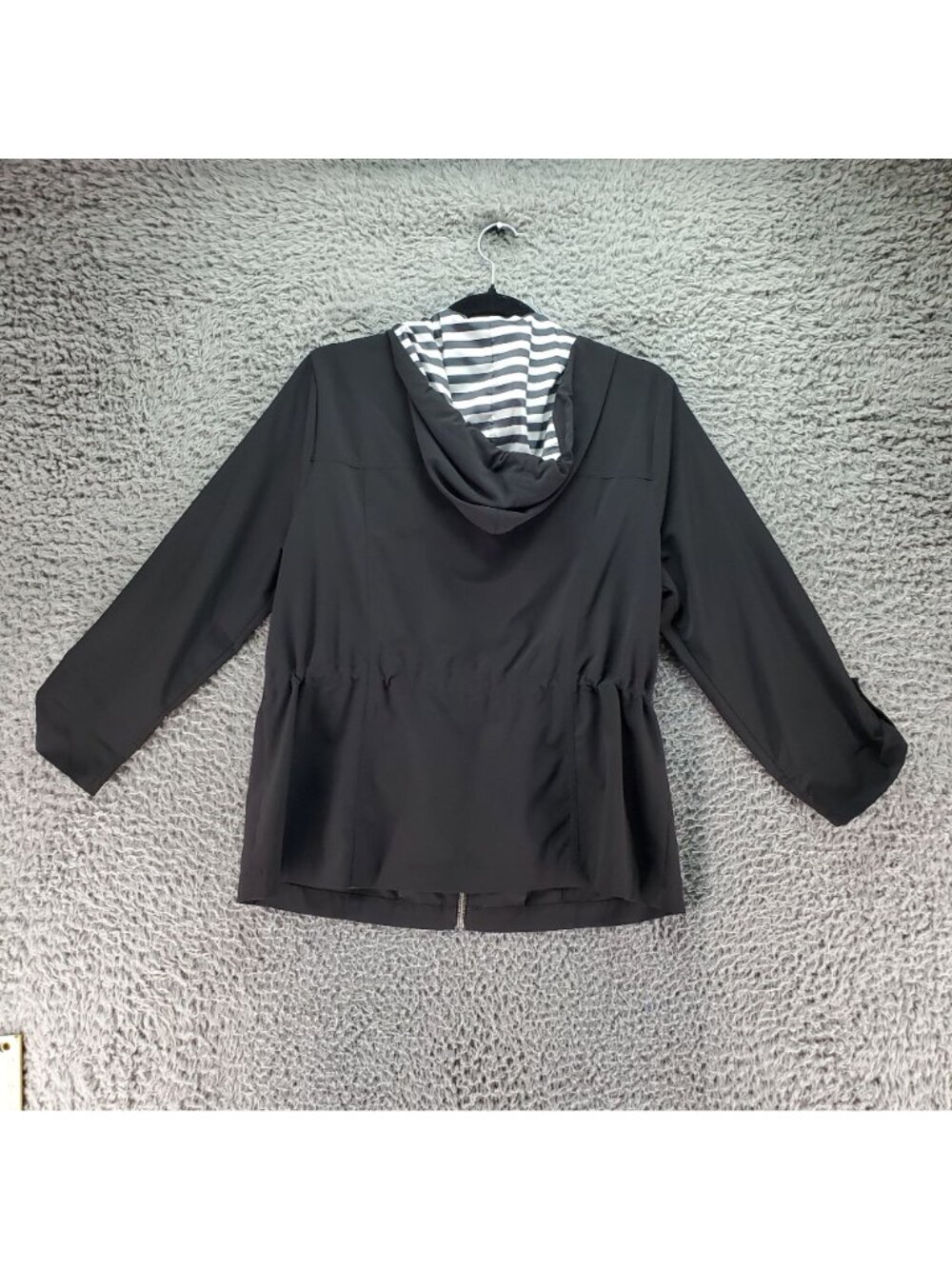 Chicos Jacket Womens 1 US 8 Zenergy Black Hooded Jacket Striped Lining Polyester - Picture 7 of 8